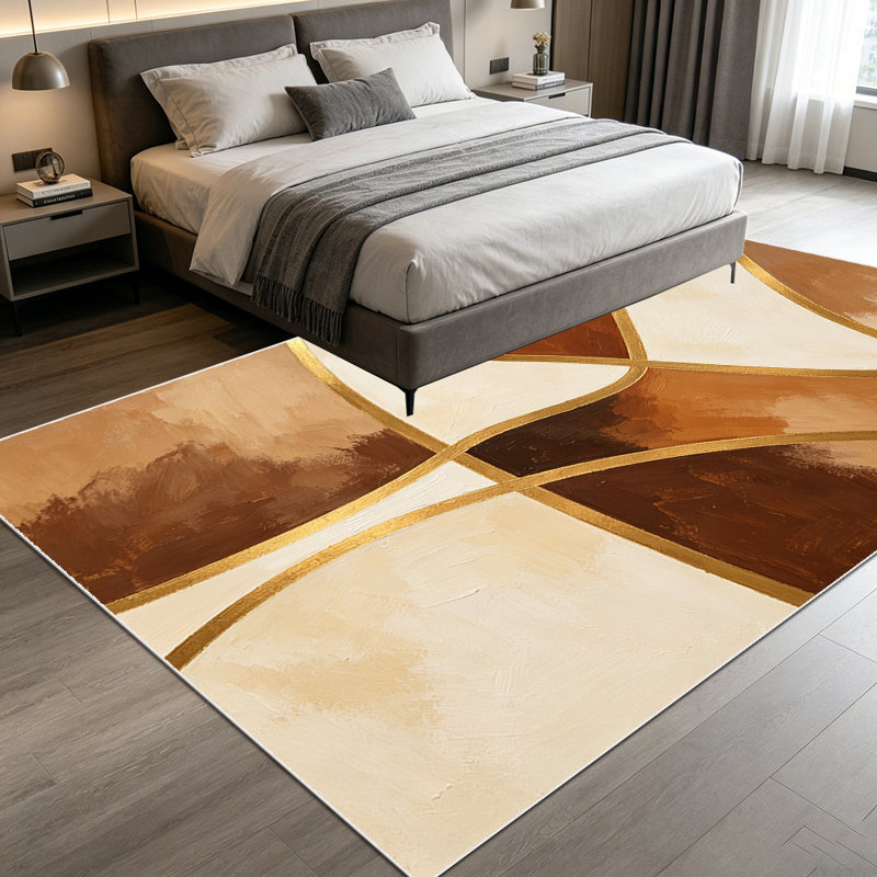 1PC Abstract Geometric Brown Beige Gold Line Art Style area rugs for Living Room, Soft and Comfortable, Suitable for all seasons, easy-to-maintain, machine washable Indoor floor mat, Under Table Farmhouse suitable for dining table, coffee table,