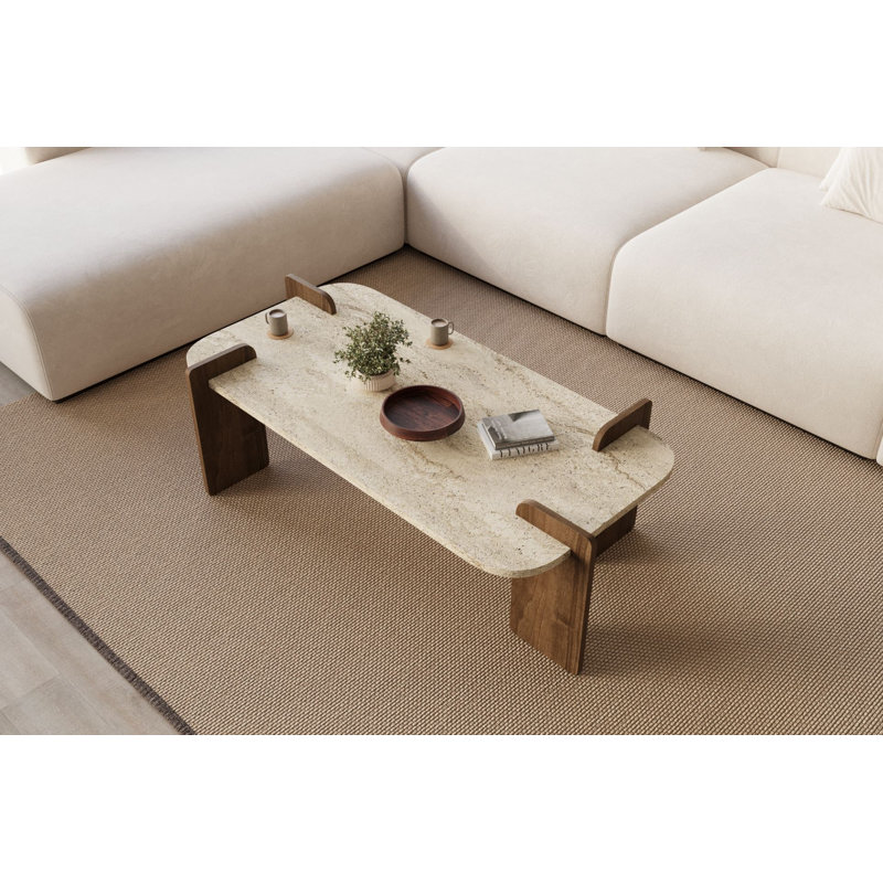 Table basse moderne, finition travertin et noyer, 120 x 35 x 60 cm, panneau de particules 100% mélaminé, conception élégante, assemblage facile, pour le salon et les espaces contemporains