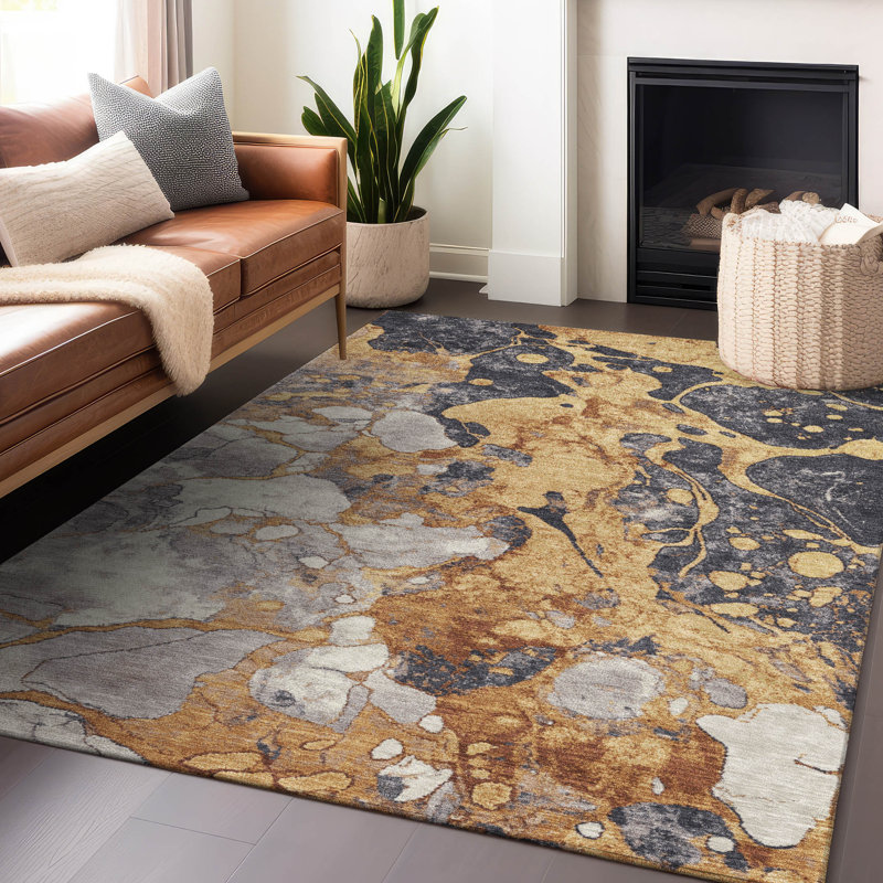 Machine Washable Indoor/Outdoor Xhevrie Gold Rug, Rectangle 9' x 12'