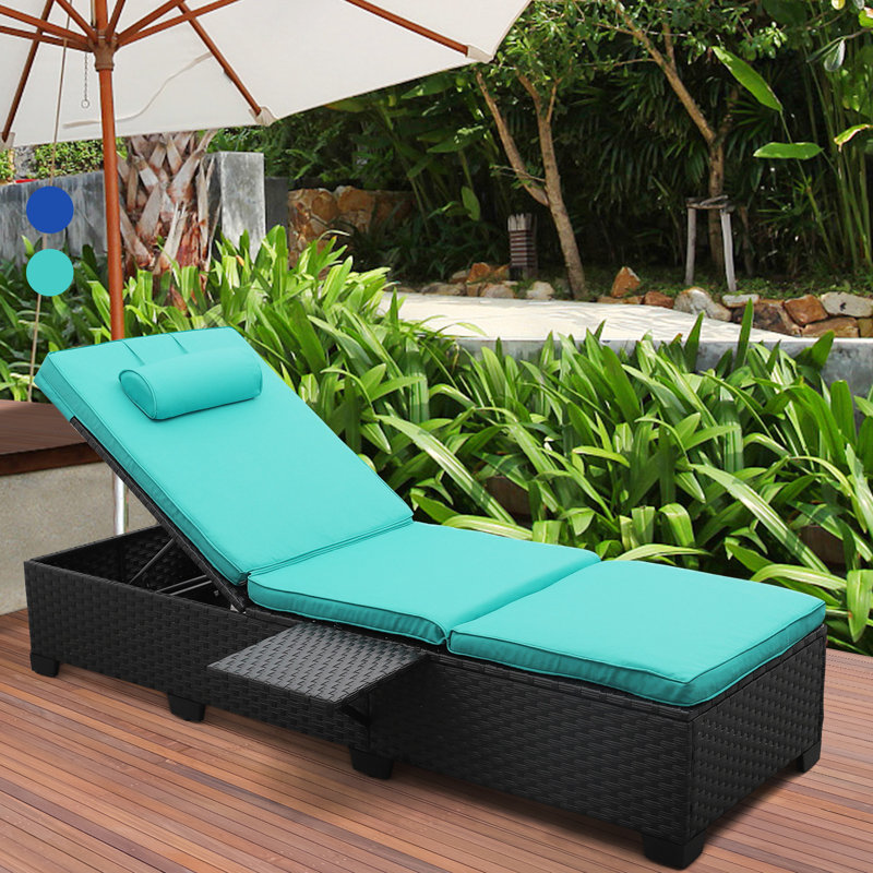 Persei Outdoor Wicker Chaise Lounge with Foldable Side Table, Light Blue