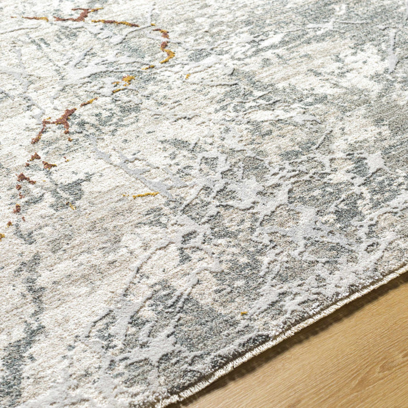 Tapis abstrait en polyester tissé à la machine Ietta en gris / ivoire / jaune, Rectangle 10 pi x 13 pi 11 po
