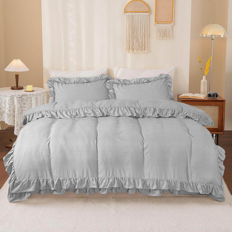 DUVET FRILL Microfiber Solid Colour Duvet Cover with Pillowcases Included, King Duvet Cover + 2 Standard Pillowcases, Silver