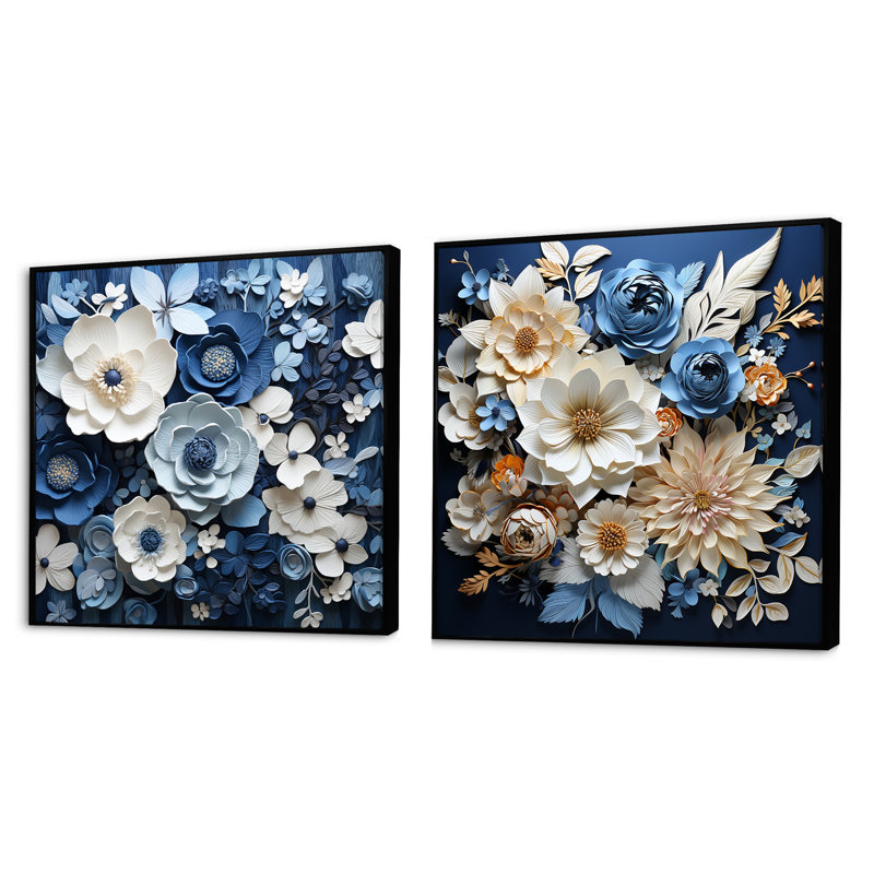 Ensemble de 2 collages de fleurs bleues et blanches saisonniers, Cadre flottant noir, H 16 po x l 33 po