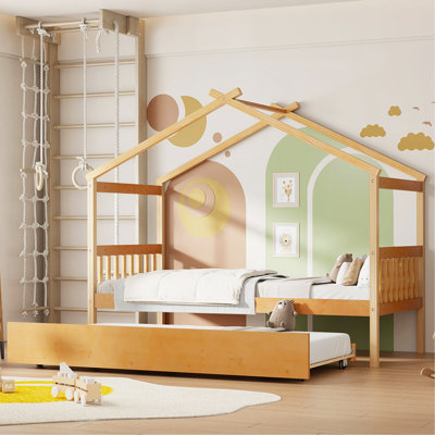Lit simple en bois avec lit gigogne simple, naturel