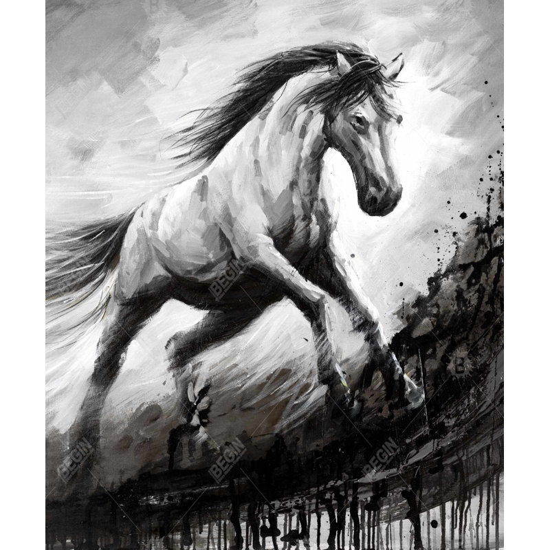 Cheval blanc au vent - Toile encadrée rustique noire