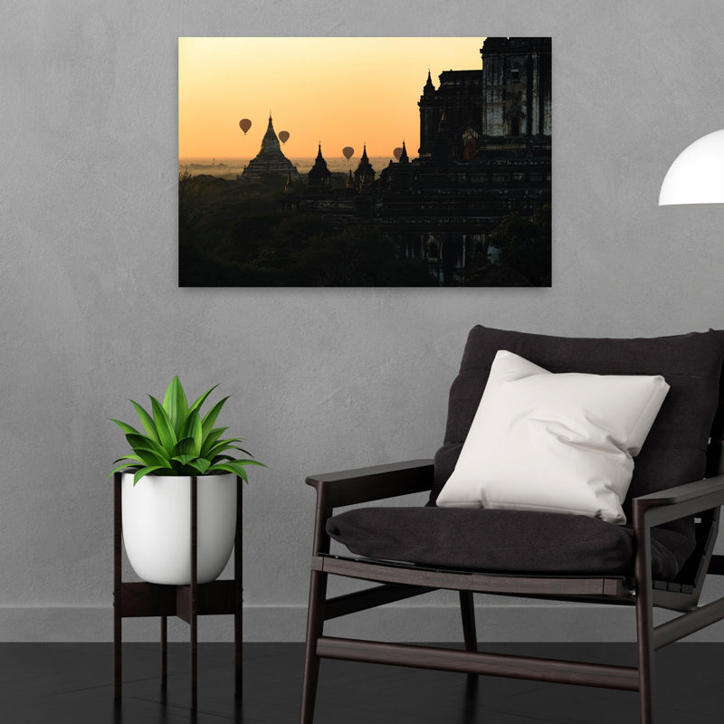 «Golden Bagan Sunrise Peaceful Serene Tranquil Architecture Landscape», art mural, 16" H x 24" W
