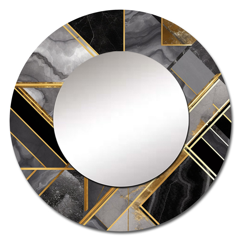 Marbre granit agate avec des touches d'or VI - grand miroir géométrique, miroir mural rond gris, art imprimé en métal