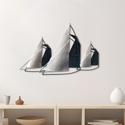 Metal Sailboat Wall Decor Iron Coastal Nautical Art 26" Wide Handmade Metal Sculpture Blue & Silver Finish Home, Office, Bedroom, Living Room Wall Accent