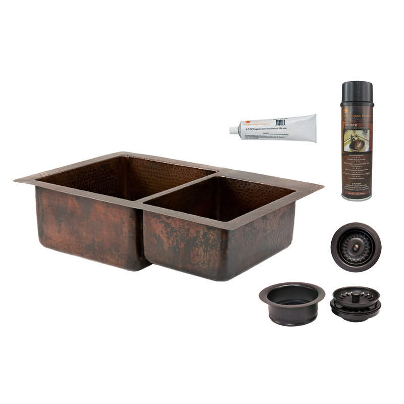 33" Hammered Copper Kitchen 60/40 Double Basin Sink with Matching Drains, and Accessories