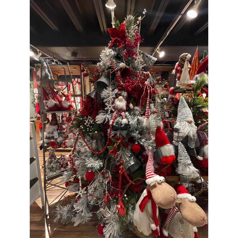 Gnomes en tissu avec chapeau rayé dans un plateau en bois - ensemble de 12 - blanc, rouge, gris