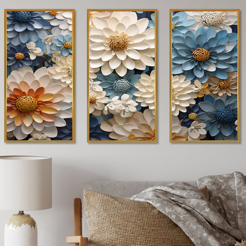 Ensemble de décorations murales Zinnias Collage I - Zinnias, Cadre flottant doré, H 40 po x l 60 po x P 1 po