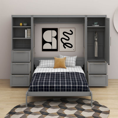 Grand lit escamotable avec placard, tiroirs et tablettes