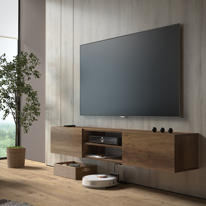 Desmone Modern Floating TV Stand for Up to 80" TVs, Minimalist Wall-Mounted Media Console with Storage, Walnut Brown Wood Finish 