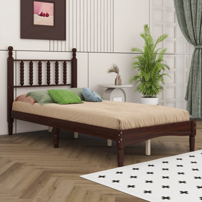 Wood Platform Bed Frame With Gourd Shaped Headboard, Wooden Vintage Bed Frame With Under Bed Storage Space