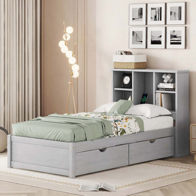 Modern Twin Size Bed Frame With Built-In USB Port On Bookcase Headboard And 2 Drawers