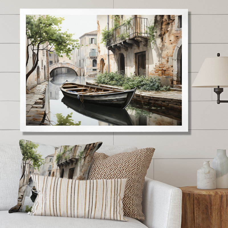 Canal Quiet Passage Charcoal II - reproduction sur toile, H 30 po x l 40 po x P 1,5 po, Cadre flottant doré