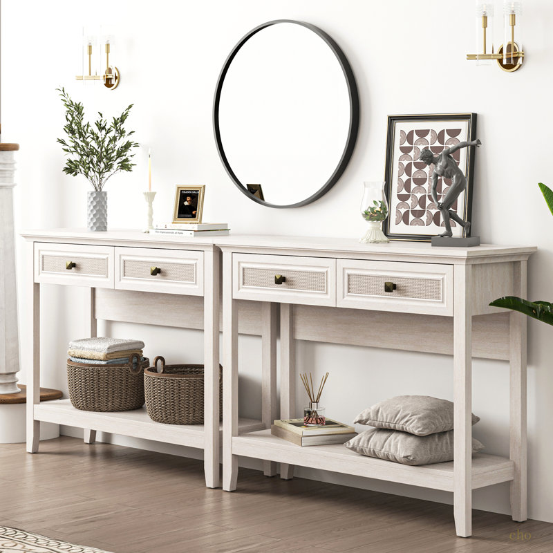 Console Table With Rattan Drawers, Wooden Sofa Tables, Narrow Long Boho Entryway Table, Side Couch Entry Table For Living Room