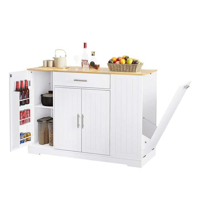 53'' Kitchen Storage Islands With Drawers And Trash Can Storage For Kitchen & Dining. Modern Farmhouse Design, White