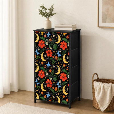 4-Drawer Dresser for Bedroom Floral Celestial Red Hibiscus Blue Butterflies Crescent Moons Small Tall Clothes Dresser for Closet Organizers with Chest of Drawers Fabric Storage Bins Dressers