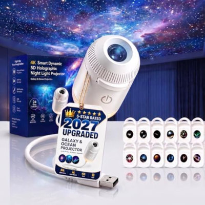 2027 New Hd Smart Dynamic 5d Holographic Night Light Projector, Plug and Play Hd Star Projector, 360° Adjustable Hd Galaxy and Ocean Projector for Bedroom Ceiling (12 Projection Films)
