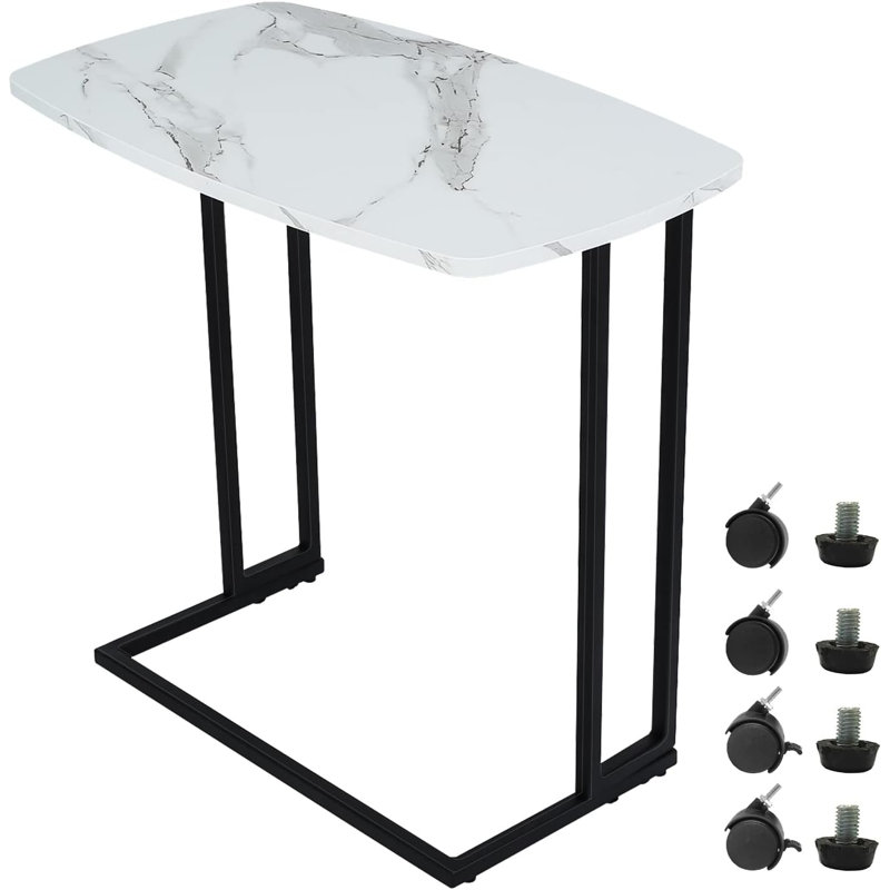 Computer Desk Table With Detachable Wheels And Metal Frame, White Marble Texture Sofa Table, For Living Room, Bedroom, Bedside, White