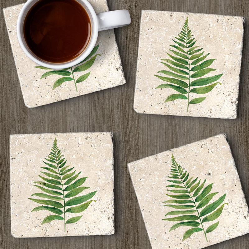 Paquet de 4 sous-verres en pierre de travertin naturel avec envers protecteur en liège Fern Study
