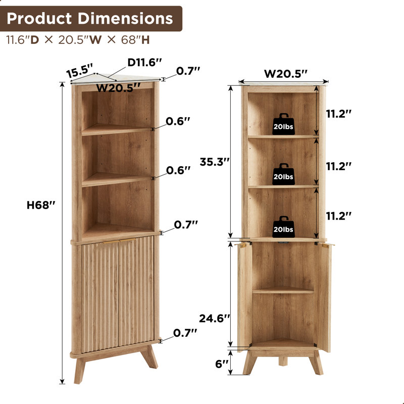 Freestanding Tall Corner Cabinet, Corner Bathroom Storage Cabinet Adjustable Shelf, Display Cabinet, Oak