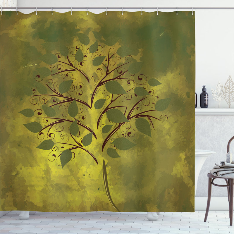 Union Rustic Tree Shower Curtain Tiny Tree with Lobed Leaf Brown Olive Green, 70"H x 69"W