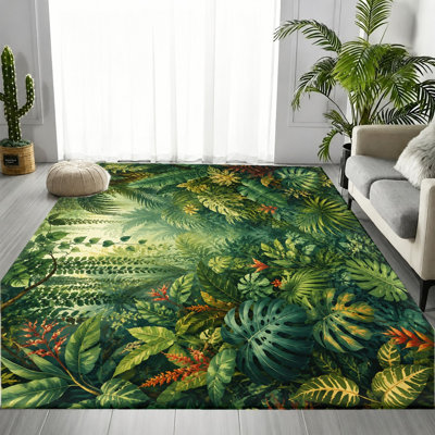 Tapis de la forêt tropicale tropicale, feuilles luxuriantes de la jungle et motif floral vibrant, tapis de sol antidérapant absorbant, décoration intérieure artistique pour le salon, la chambre à coucher, le vestibule, la cuisine, le balcon, appartement
