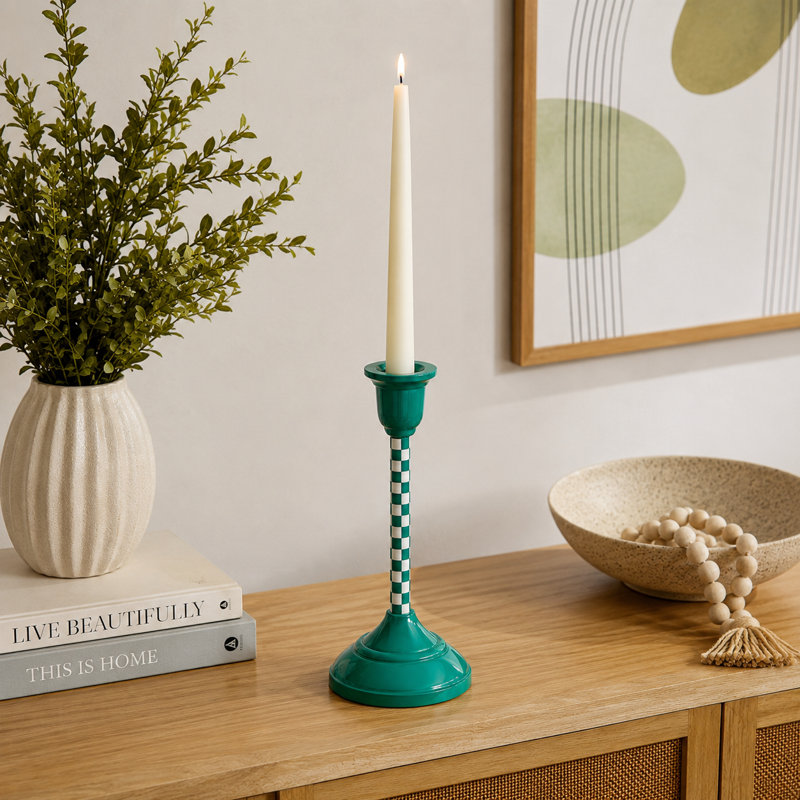 Handcrafted Tabletop Jade Mint Checkered Aluminum Candleholder, 9.75" H x 4.25" W x 4.25" D