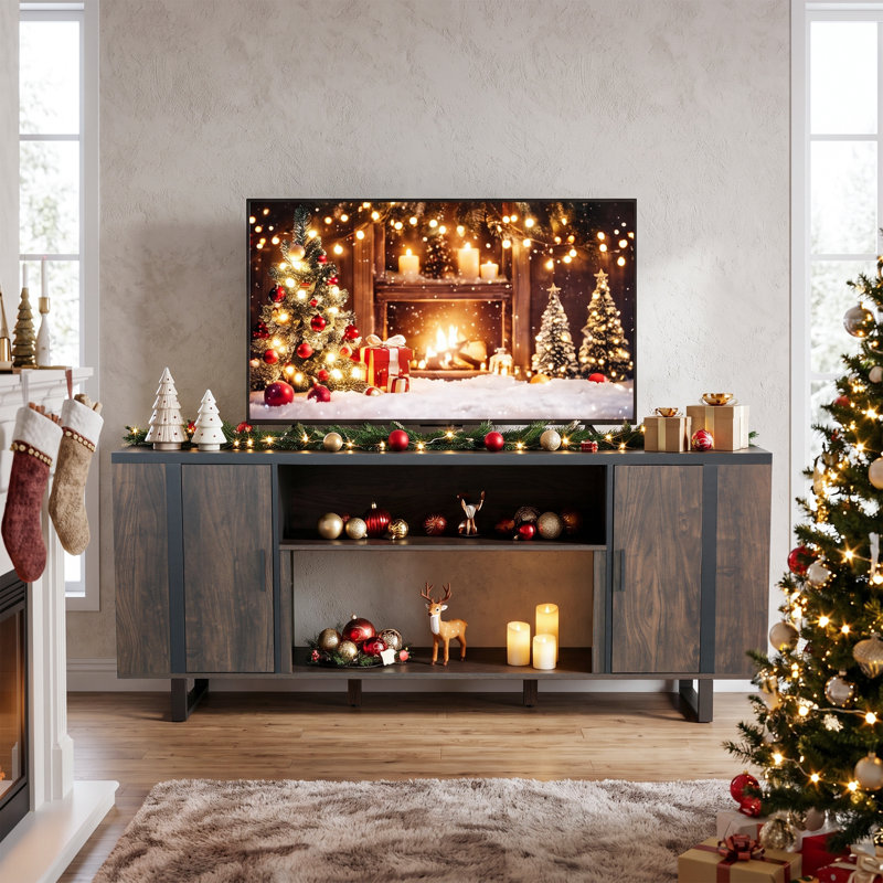 72" Modern TV Stand For Tvs Up To 85" With Adjustable Storage, Metal Legs & Brown Wood Finish, No