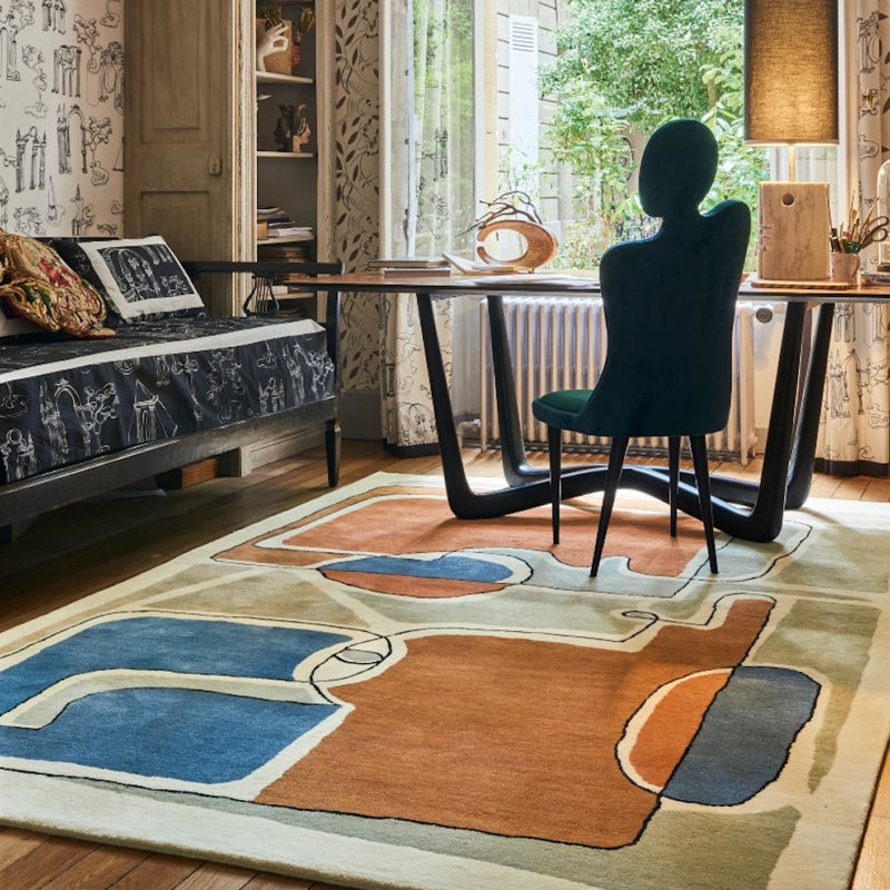 Bleu Des Yeux Abstract Area Rug in Orange/Gray/Blue, Rectangle 6'7" x 9'10"