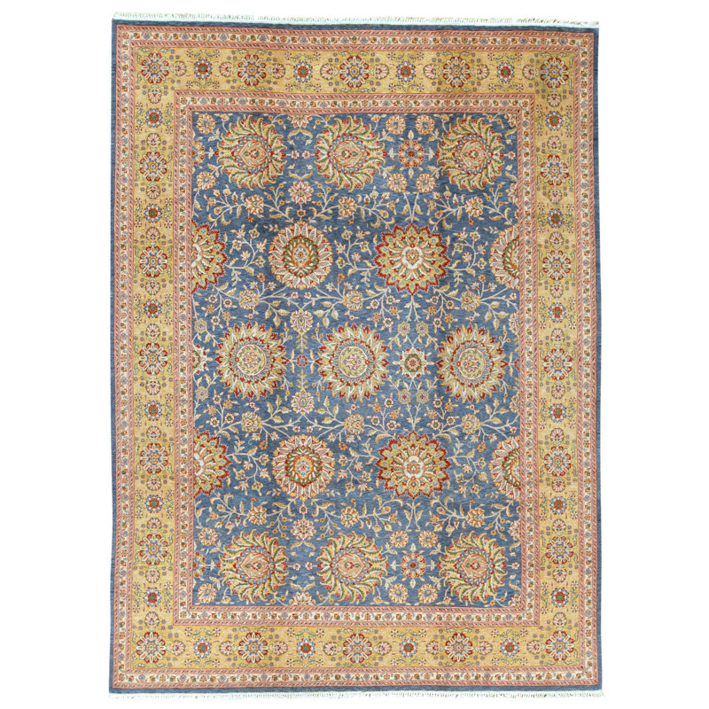 Tapis bleu et doré de haute qualité noué à la main