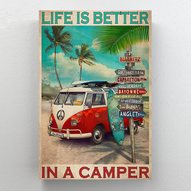 «Car On The Beach - Life Is Better In A Camper», reproduction d'art graphique sur toile tendue, H 20 po x l 16 po x P 2 po