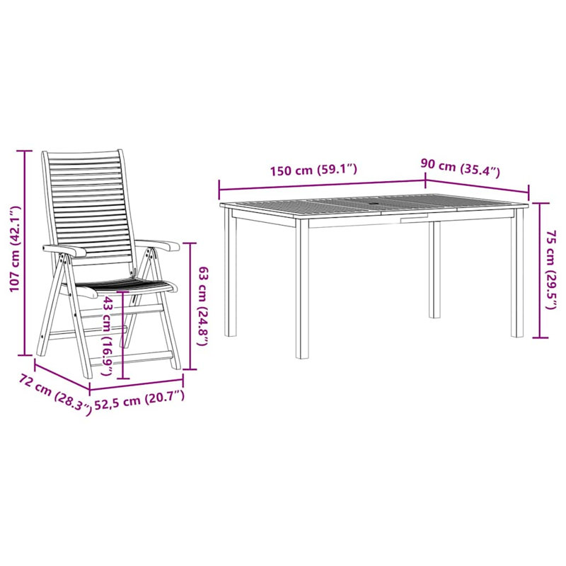 Patio Dining Set with, 75cm H x 150cm W x 90cm D, 4