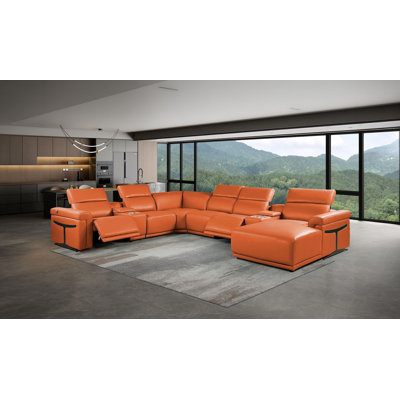 Canapé modulaire en forme de L en cuir italien de qualité supérieure 8 pièces Camel avec 2 fauteuils inclinables électriques et appuis-tête réglables