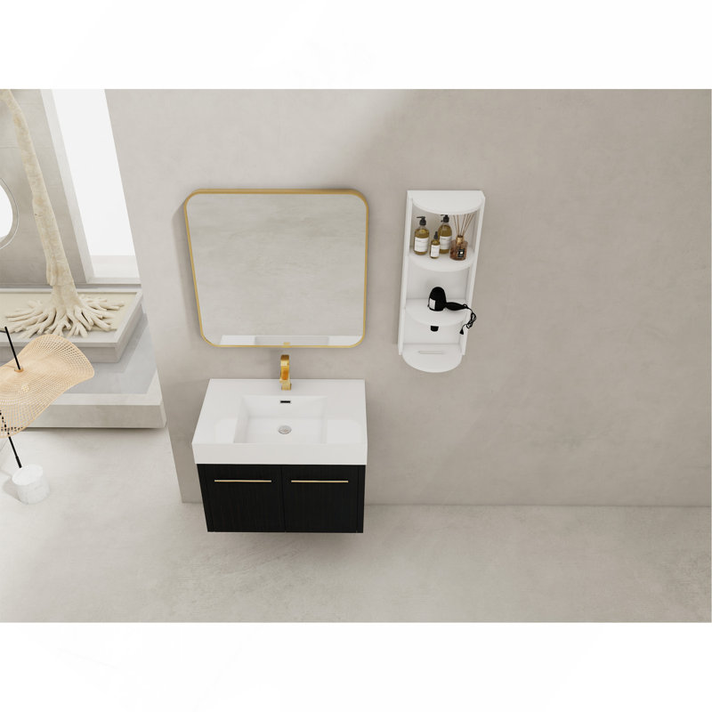 Meuble-lavabo mural 30 po avec lavabo et support de rangement, vasque en résine à bords épais