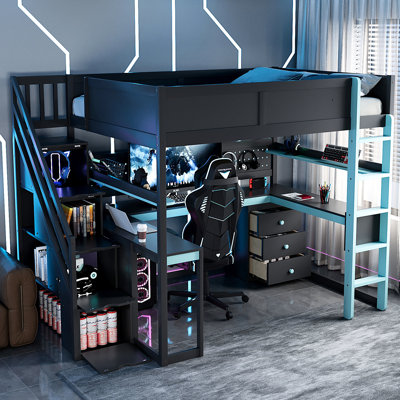 Lit mezzanine double en bois noir et bleu avec escaliers de rangement, tablettes intégrées et, pour un style de vie basé sur le noir et le bleu, chambres adaptées aux escaliers
