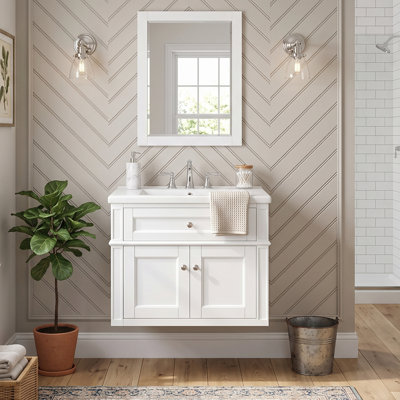 Modern 24" Wall-mounted Bathroom Vanity With Ceramic Sink, Tip-Out Drawer & 2 Soft-Close Doors With Organizers