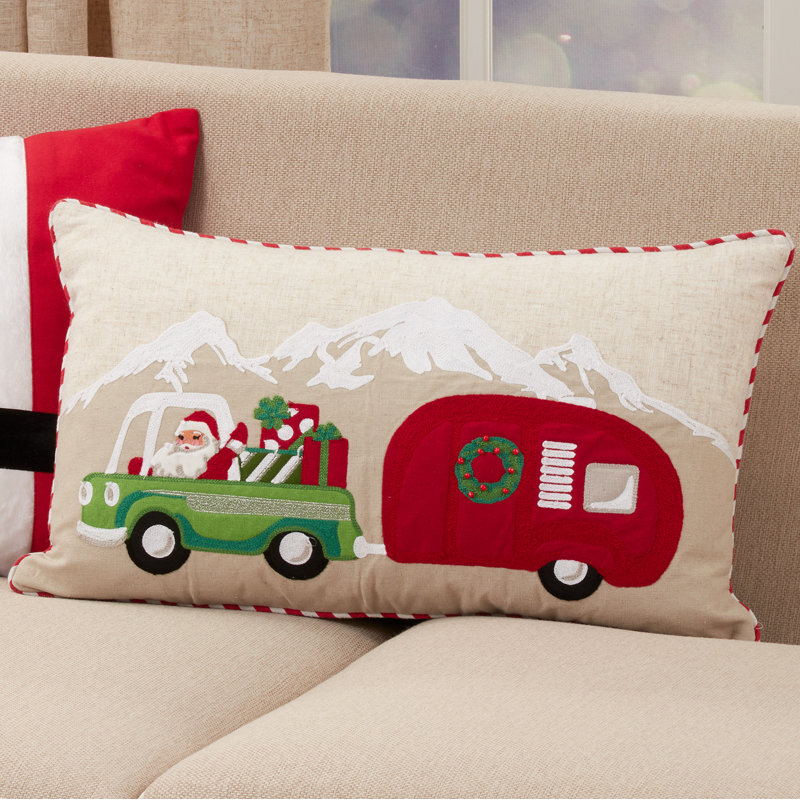 Multicolor Santa Truck and Trailer Rectangular Holiday Throw Pillow