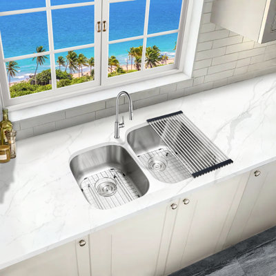 KBFmore 32 Inch Double Bowl Undermount Swirl Finish Classic Kitchen Sink with 6 Pieces Accessories
