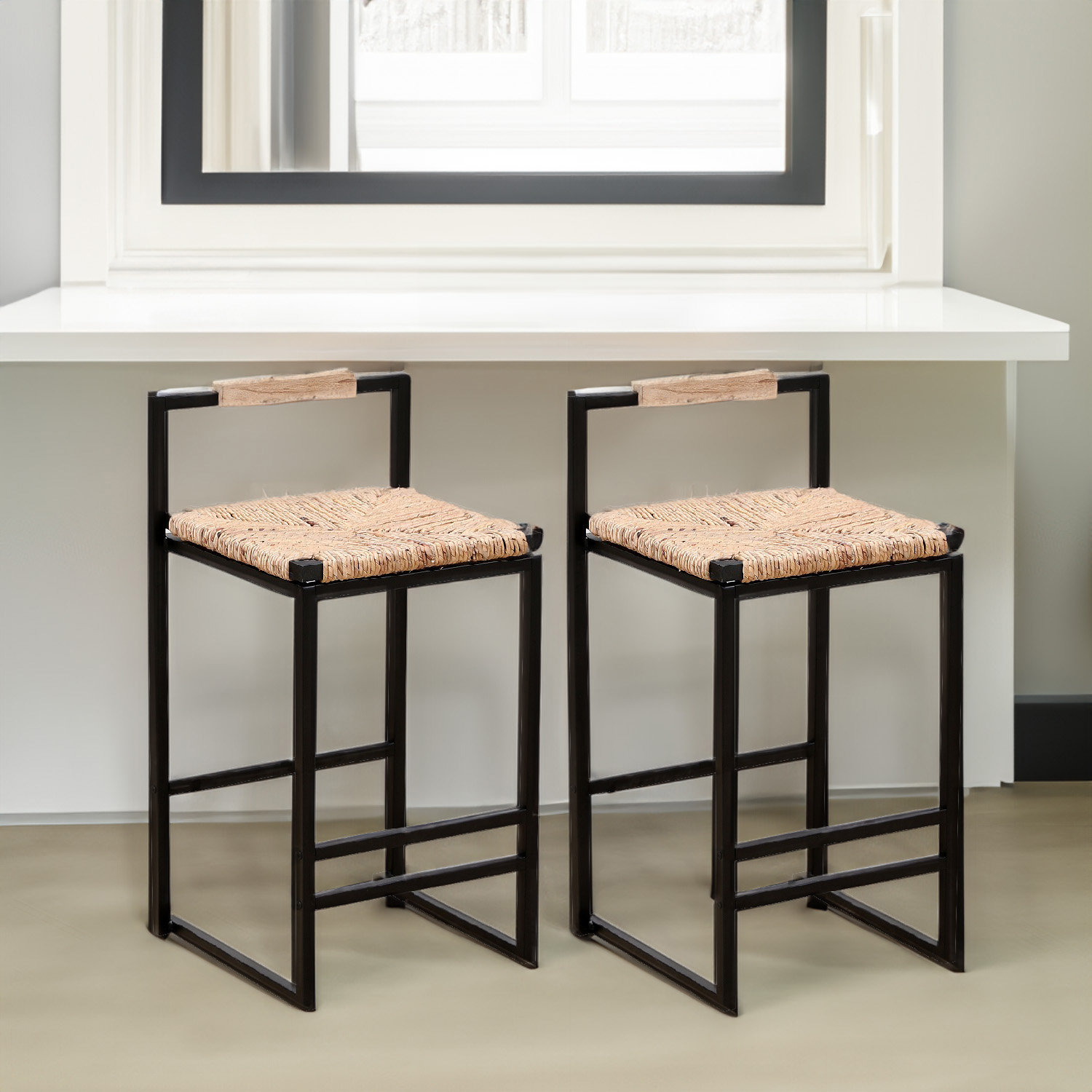 Black metal and discount wood counter stools