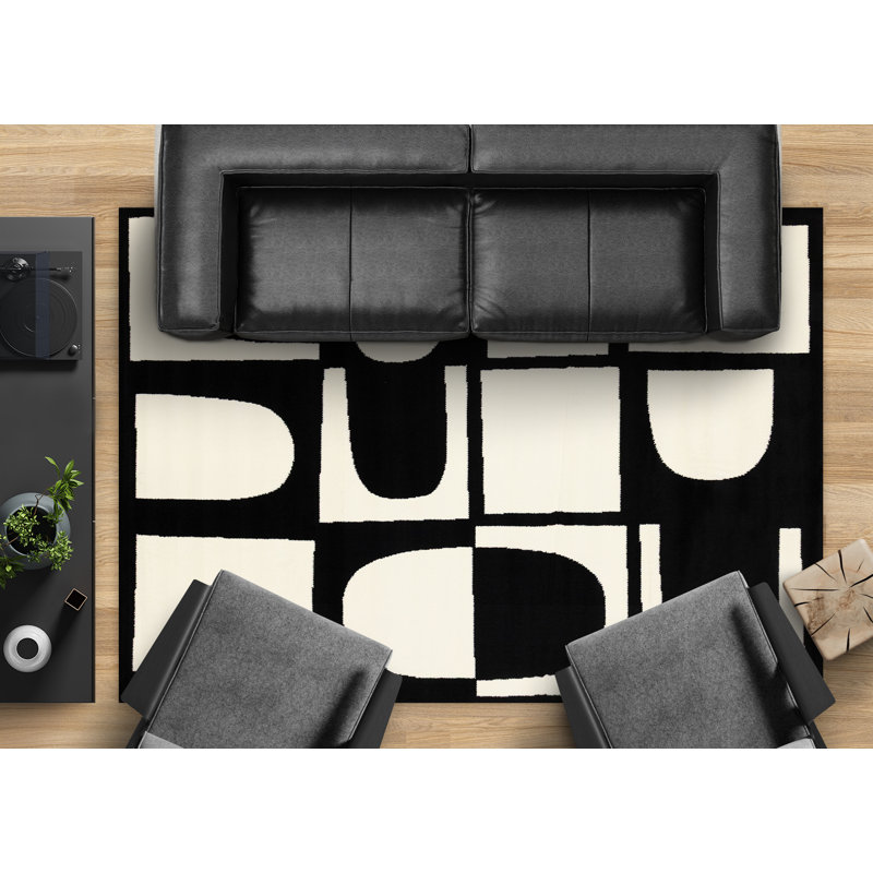 Manzelli Modern Art Deco White Black 8 x 11 Area Rug, Rectangle 7'9" x 10'6"