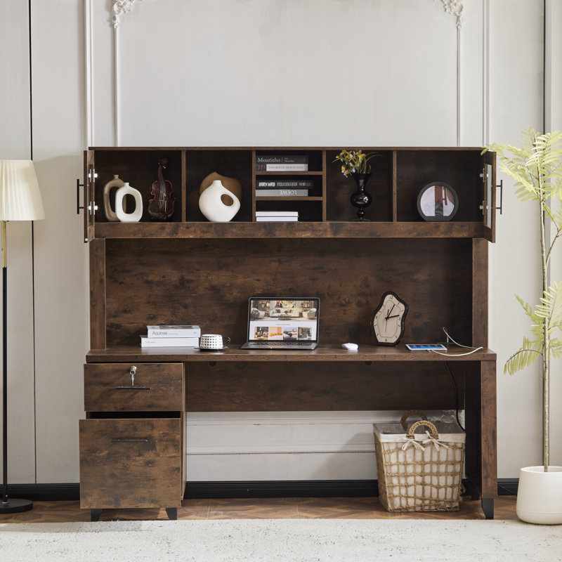 70.87in Walnut-colored Wood One Drawers with Lock Filing Cabinet Computer Desk