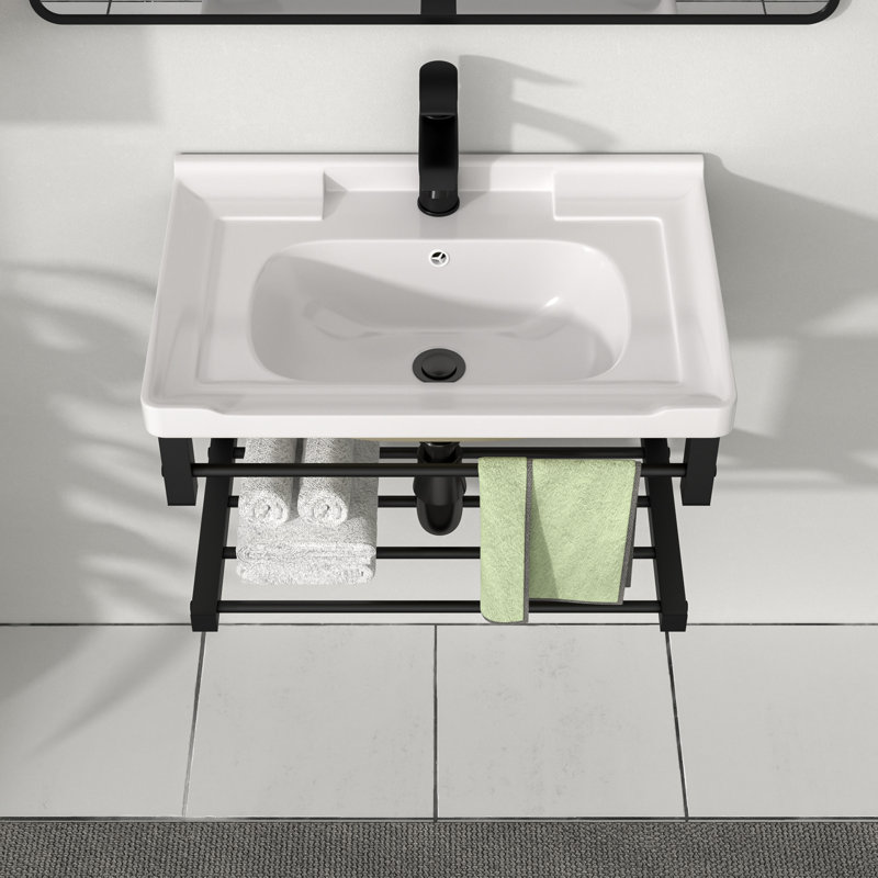 Lavabo de salle de bain rectangulaire en céramique blanche L 23 po x l 15 po avec base en acier et trou de débordement GhomeG