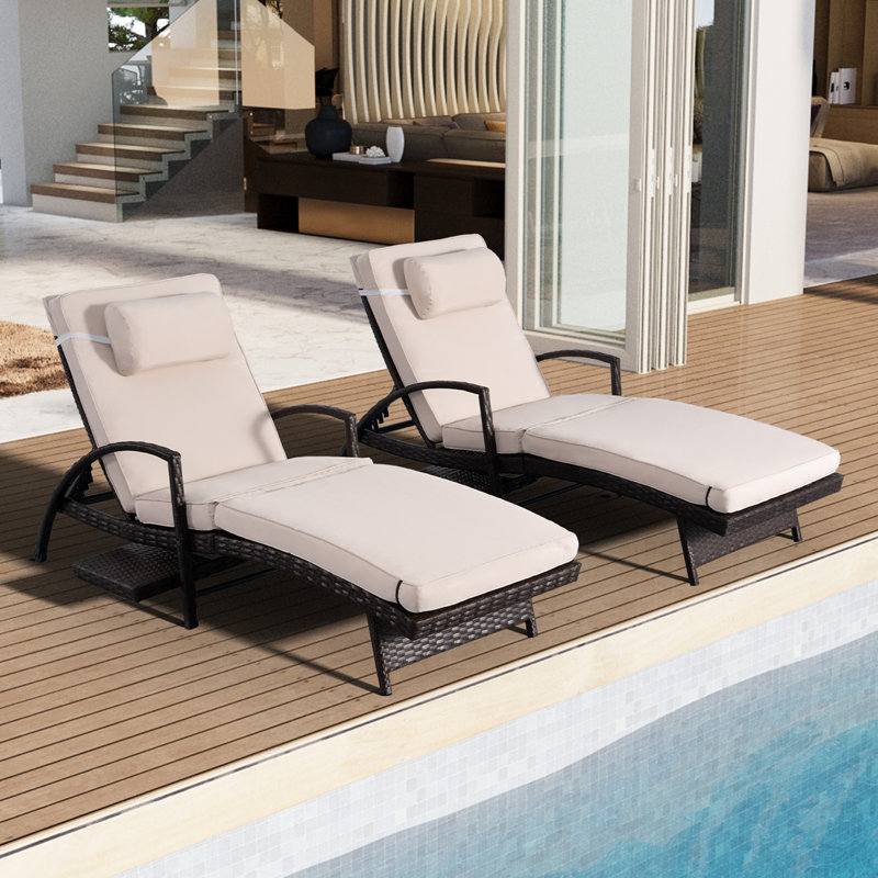 2 Piece Outdoor Wicker Chaise Lounge Set Adjustable Pool Lounge Chairs with Cushions and Built-in Side Table, Beige