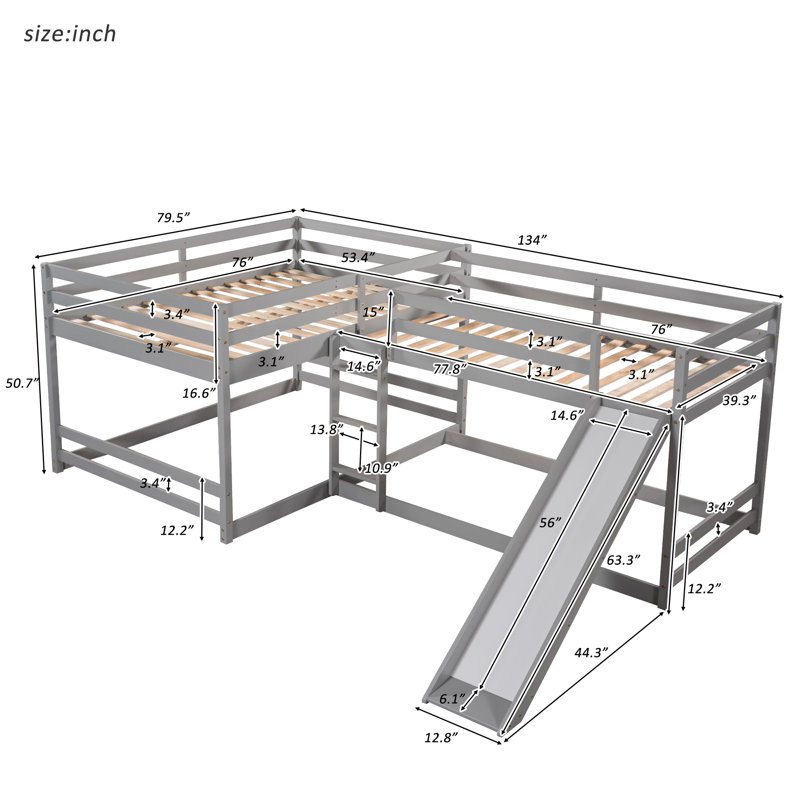 Jalishia Kids Twin Over Full Bunk Bed, Gray