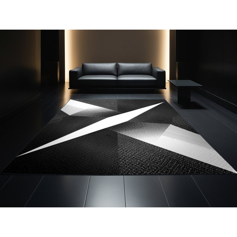 Machine Washable Orlena Modern & Contemporary Geometric Rug in Gray – Black Binding, 7 x 10