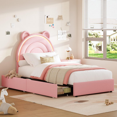 Twin Size Bed Frame with 2 Storage Drawers & LED Lights, Velvet Upholstered Platform Bed with Rainbow Headboard by Ebern Designs