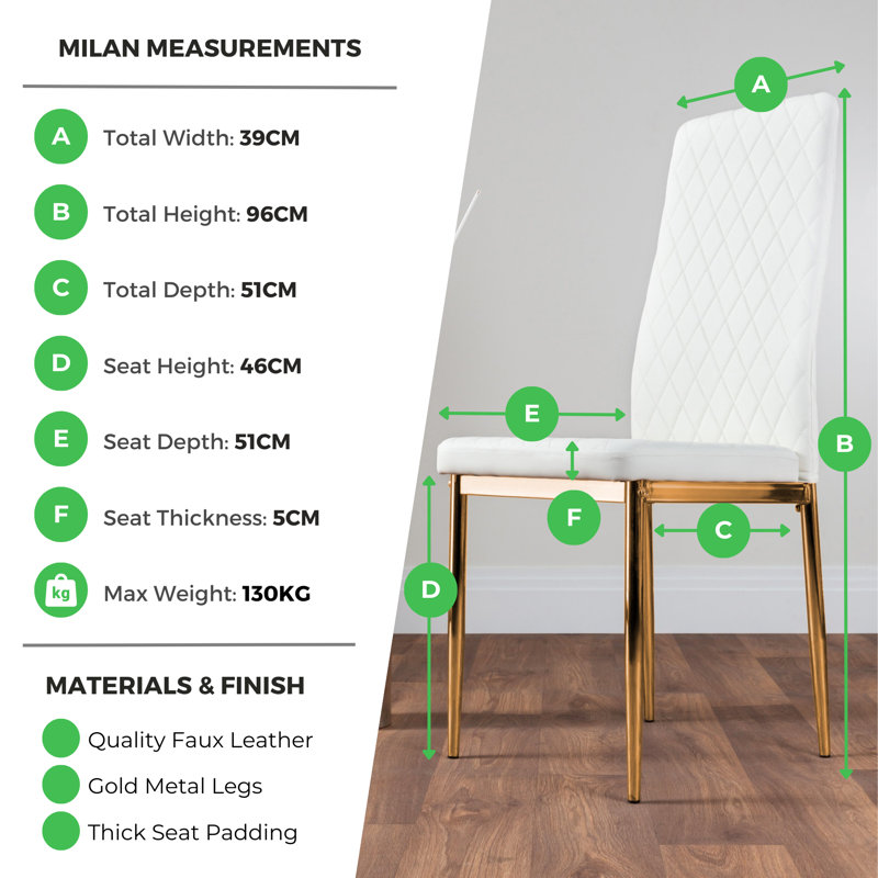 Eubanks Faux Leather Modern Tall Back Dining Chairs Set with Metal Legs & Diamond Stitching, White, Gold
